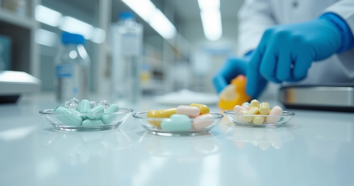 Cápsulas gastroresistentes em bancada de laboratório farmacêutico 