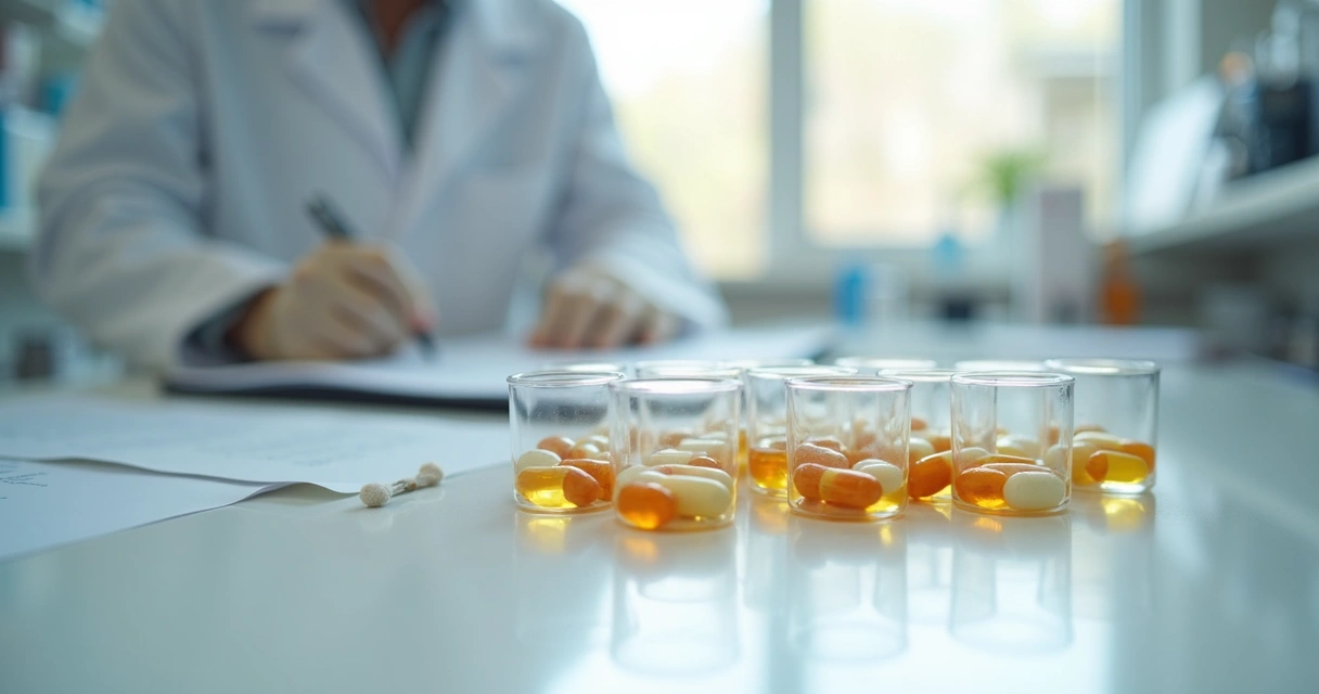 Cápsulas manipuladas em bancada farmacêutica 