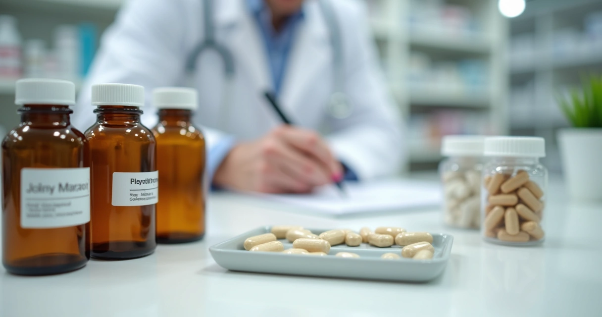 Cápsulas manipuladas e frascos em balcão farmacêutico 