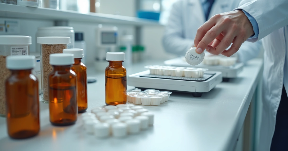 Cápsulas manipuladas e frascos em bancada farmacêutica