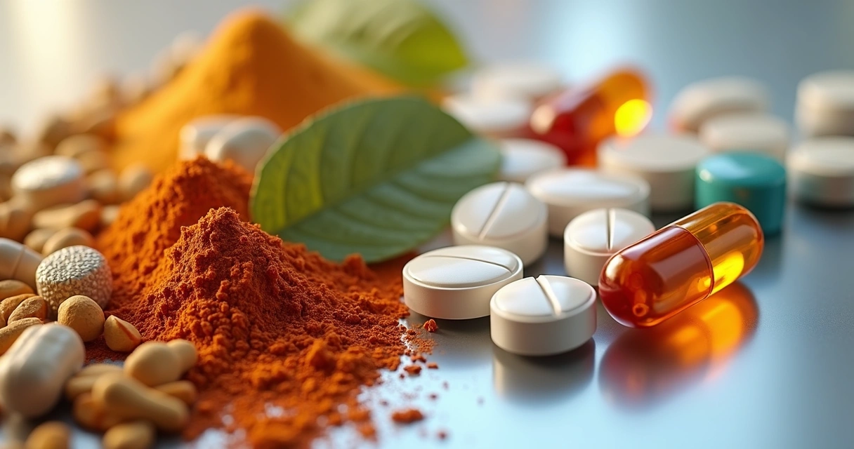 Comparação entre cápsulas de medicamento e suplementos naturais lado a lado