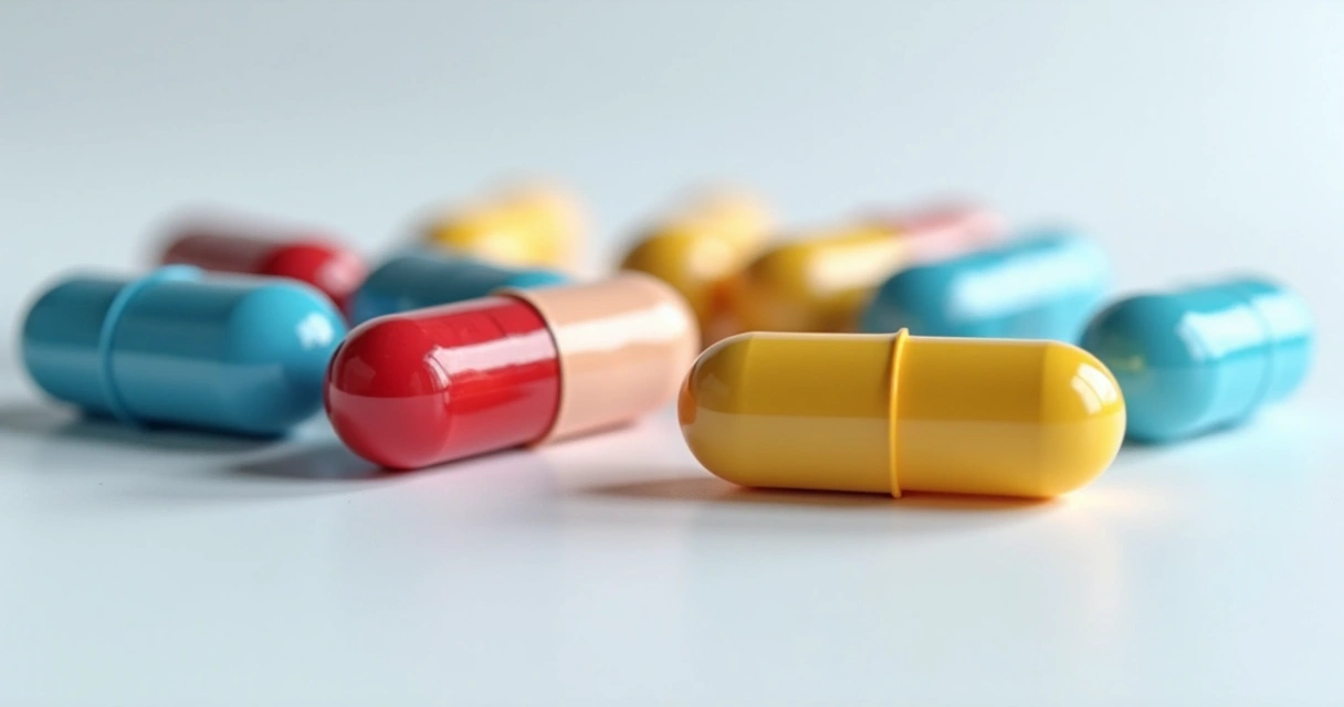 Cápsulas coloridas de medicamento manipuladas alinhadas numa superfície branca 