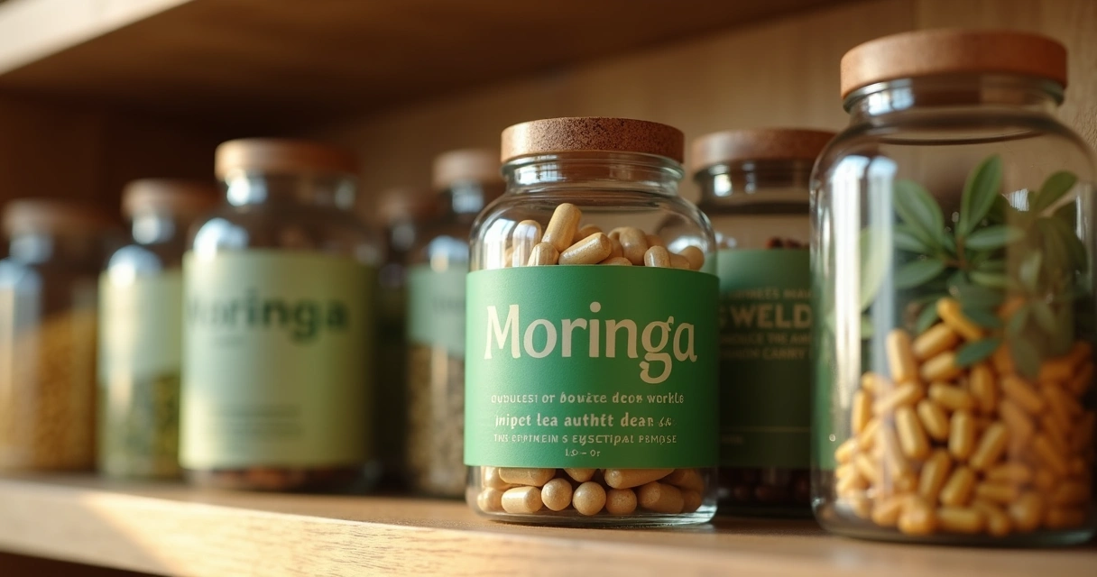 Pote de cápsulas de moringa fechado em prateleira de madeira, ao lado de chás e suplementos