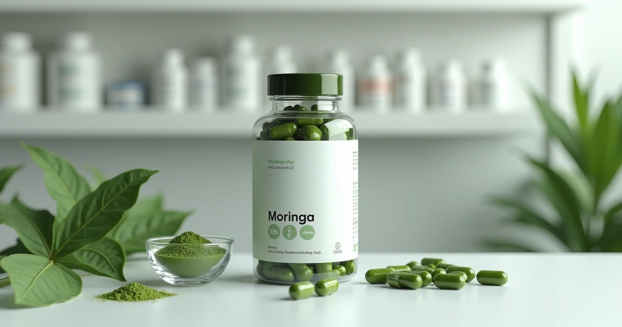 Balcão de farmácia com frasco de cápsulas de moringa e folhas verdes ao lado 