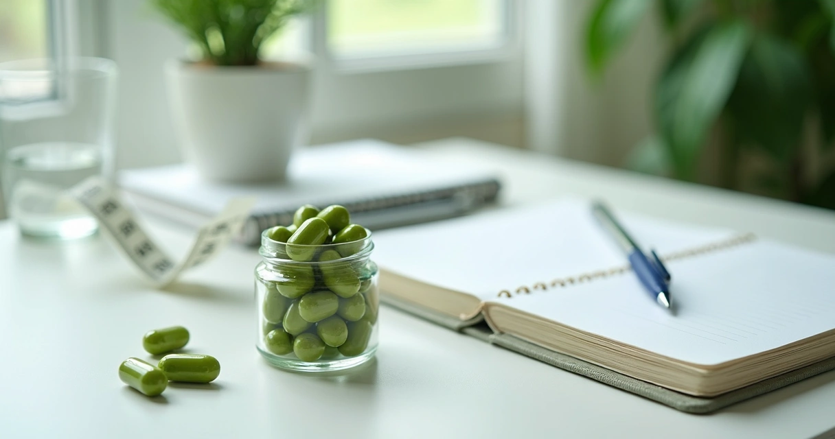 Cápsulas de moringa ao lado de caderno nutricional