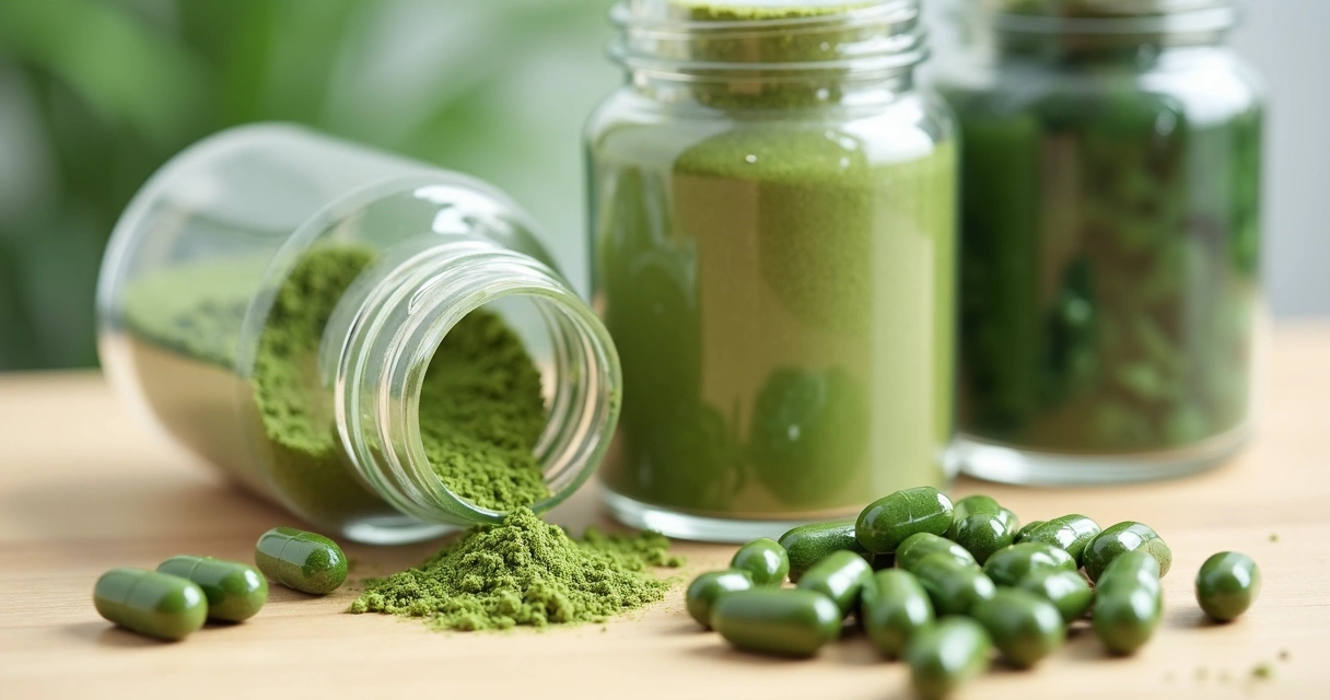 Frascos com cápsulas e pó de moringa em uma mesa 