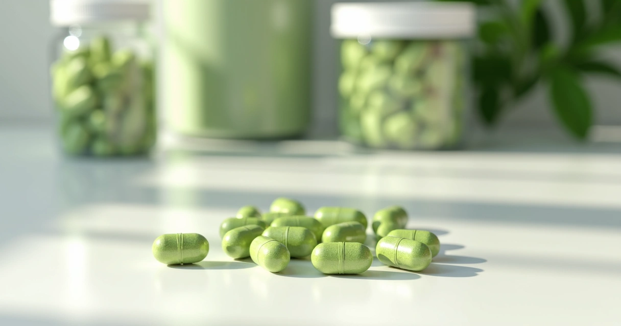 Cápsulas de moringa alinhadas com potes de suplemento ao fundo