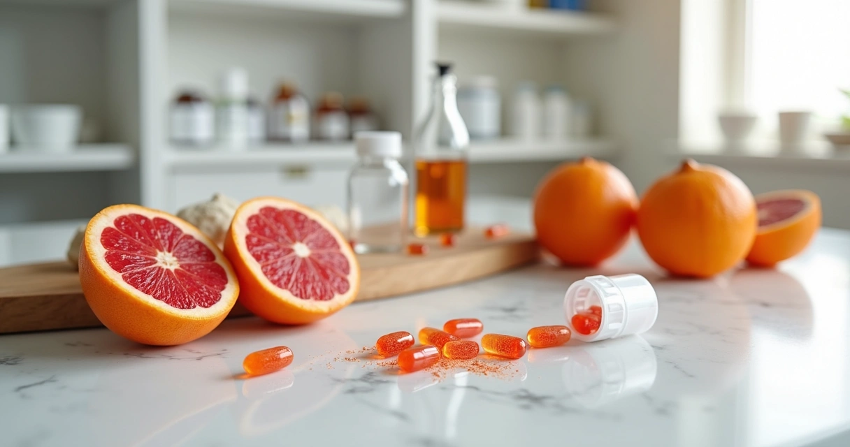 Cápsulas manipuladas ao lado de laranjas sanguíneas em bancada branca 