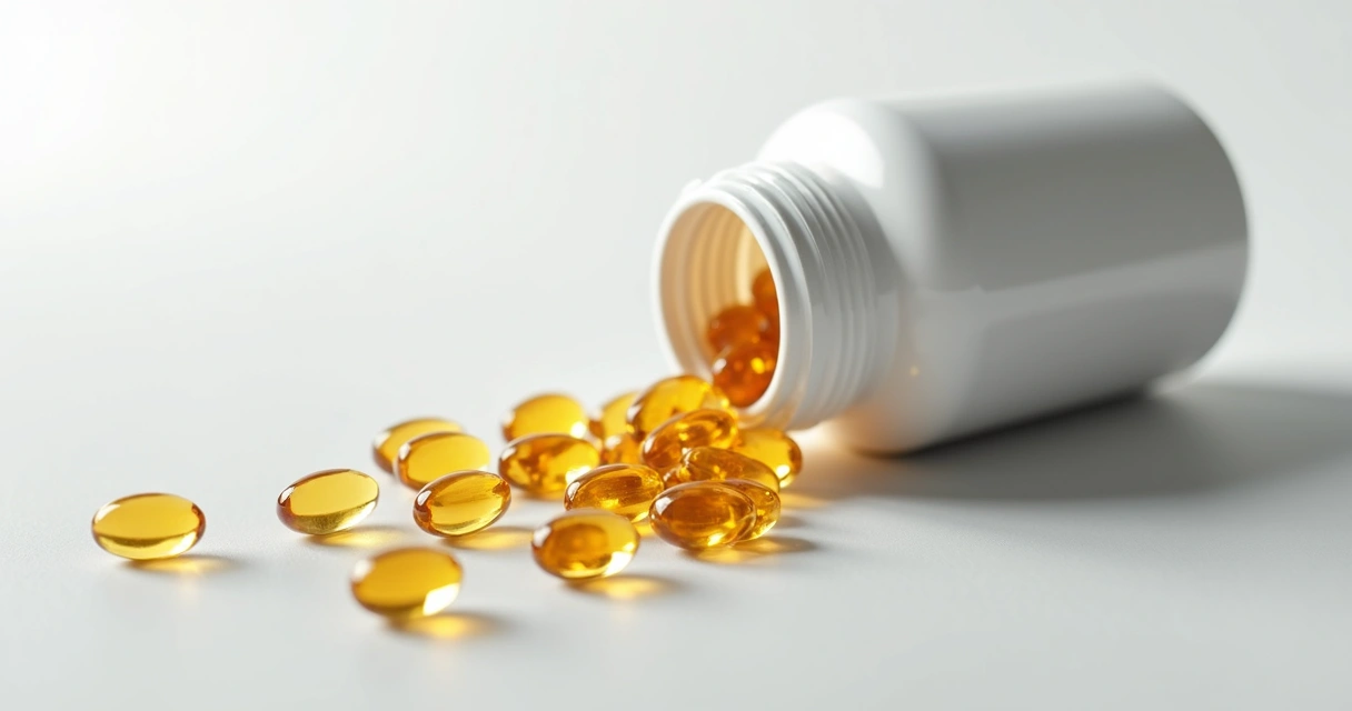 Cápsulas transparentes de ômega-3 dispostas em pote branco 