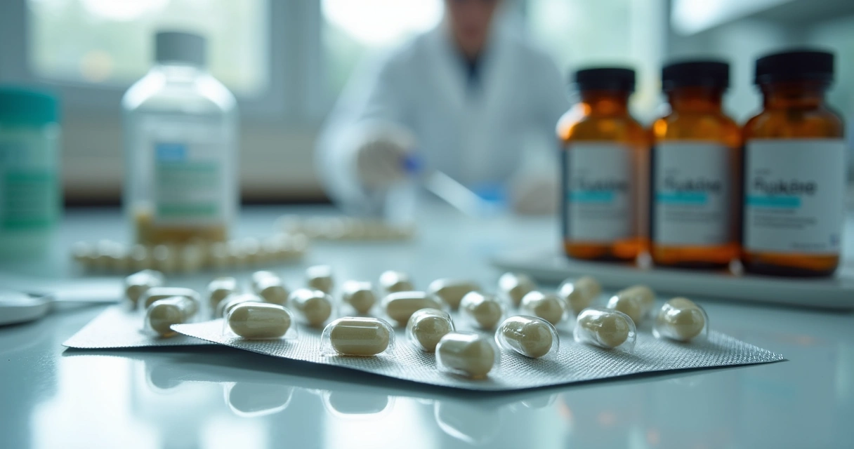 Cápsulas probióticas e frascos em bancada de laboratório