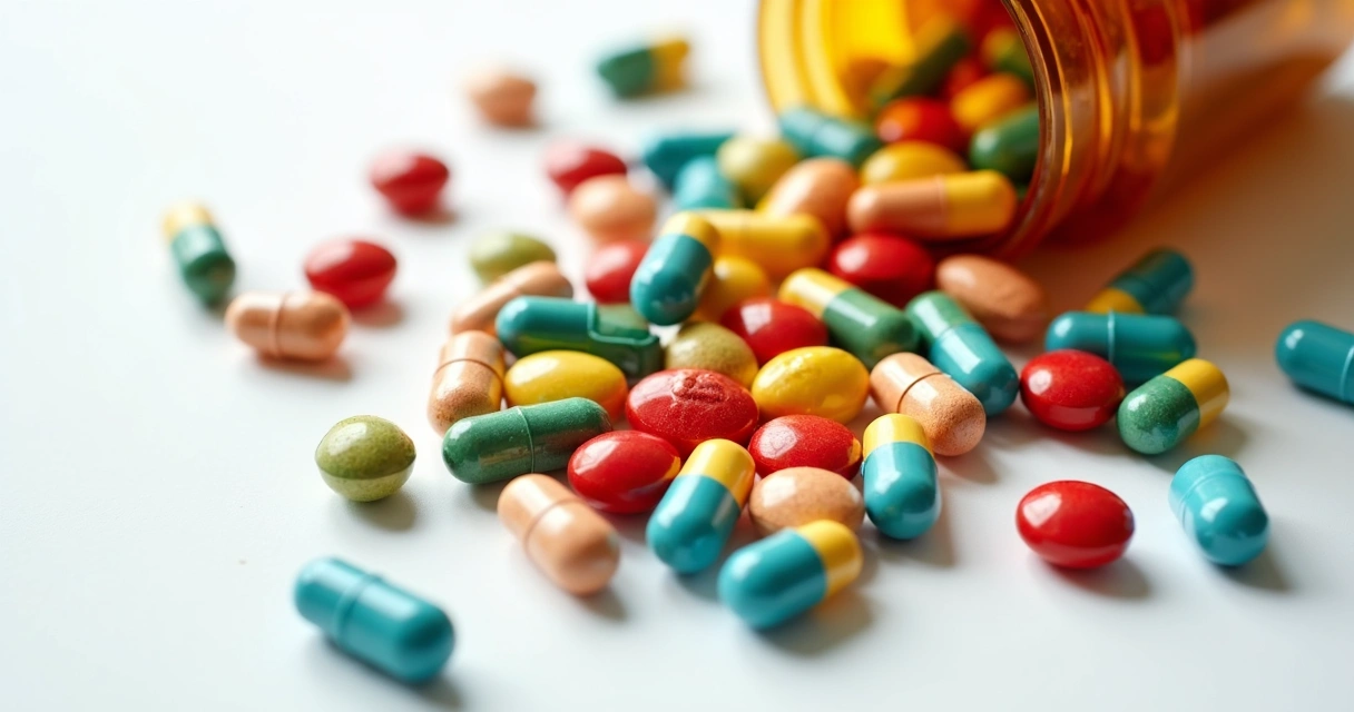 Cápsulas coloridas de suplementos espalhadas em fundo branco.