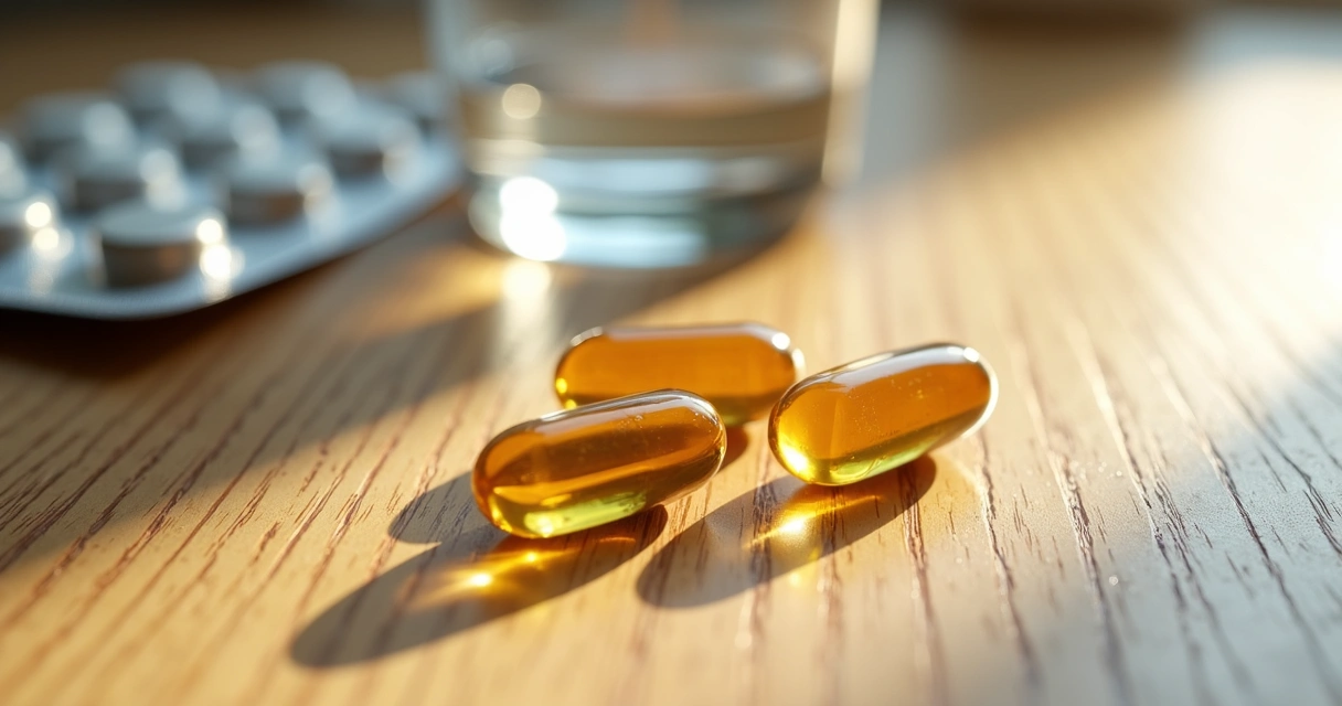 Cápsulas de testosterona sobre mesa de madeira clara.