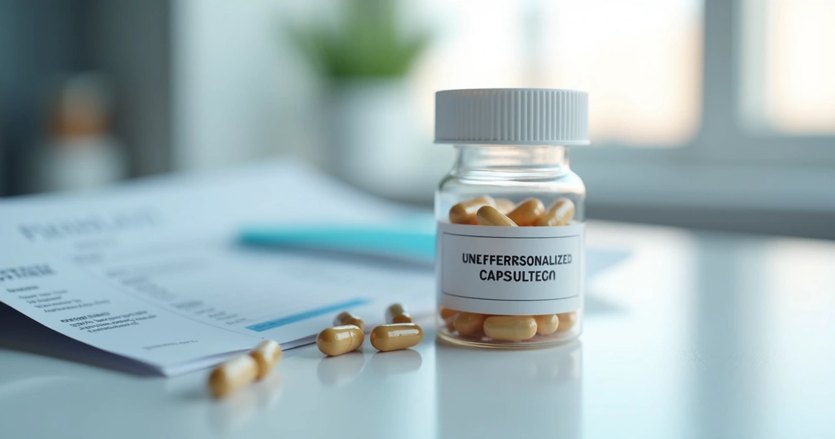 Cápsulas manipuladas ao lado de receita e frasco farmacêutico