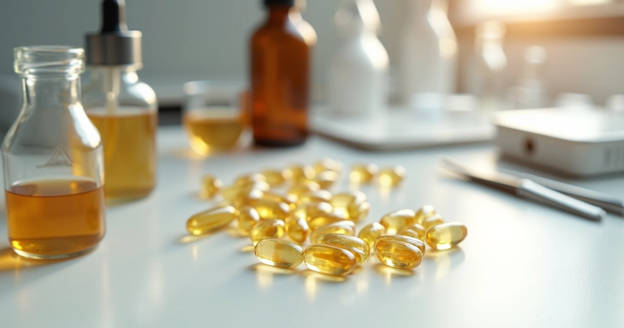 Cápsulas oleosas e frasco âmbar sobre bancada farmacêutica 