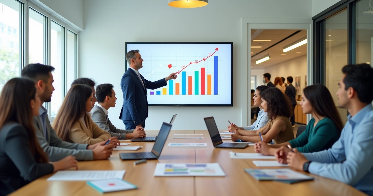 Gestora de escola privada apresenta crescimento de matrículas em reunião com pais em sala moderna 