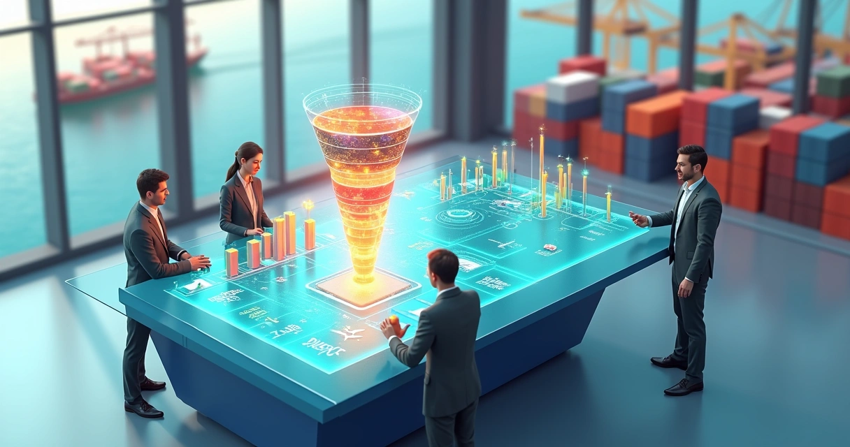 Painel 3D com executivos de logística analisando funil de clientes e mapa de rotas globais 