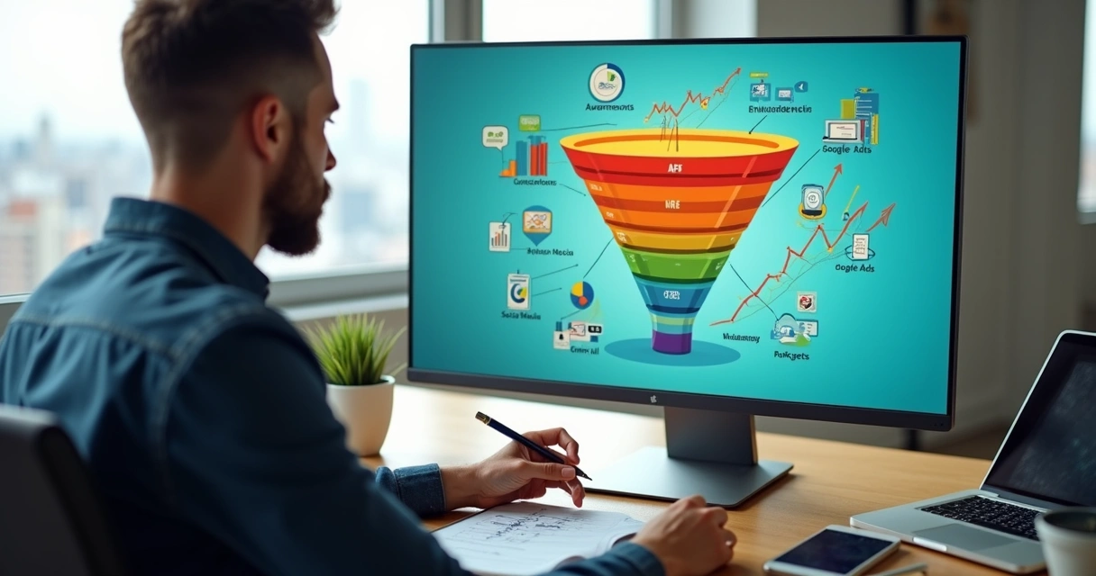 Profissional analisando funil de captação de clientes em tela cheia de gráficos 