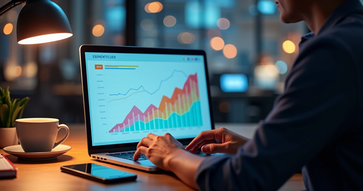 Pessoa usando laptop moderno para captar clientes em serviços digitais com gráficos de crescimento ao fundo 