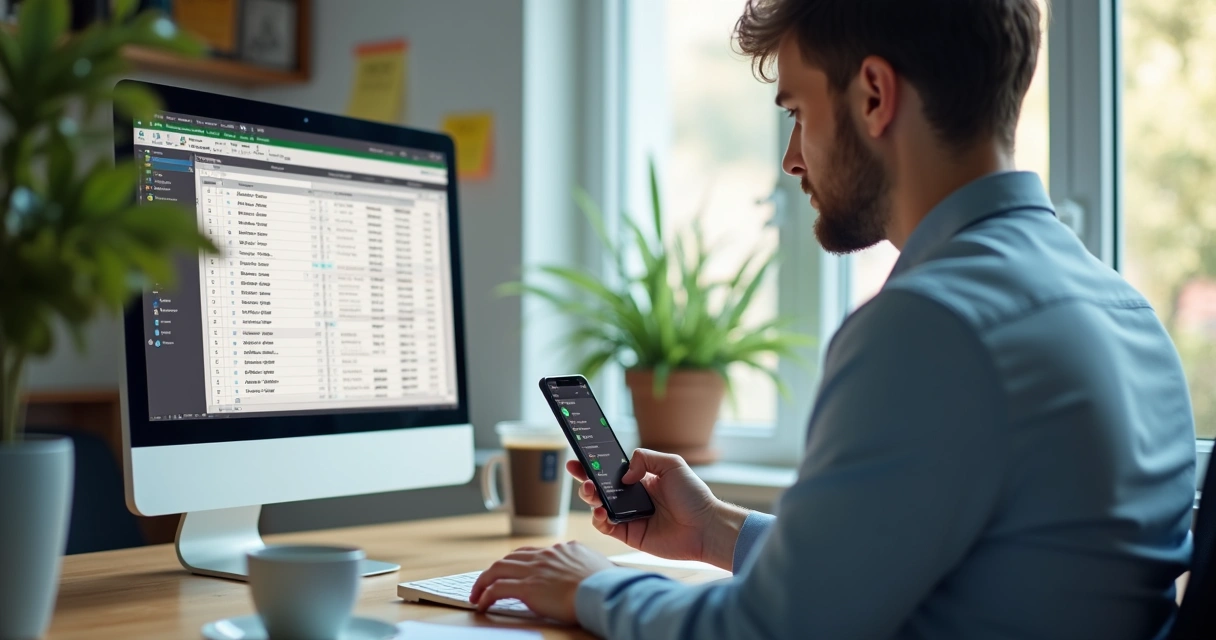Gestor organizando contatos de clientes em computador e celular, com ícones de WhatsApp e e-mail na tela 