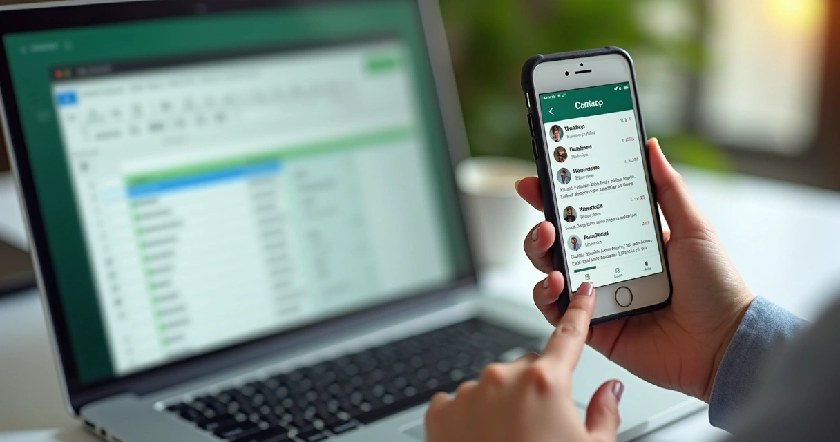 Pessoa utilizando aplicativo de WhatsApp ao lado de planilha digital 