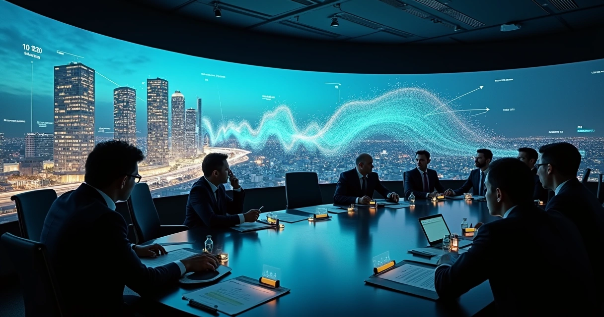 Painel digital exibindo prédio em 3D conectado a gráficos financeiros em alta 