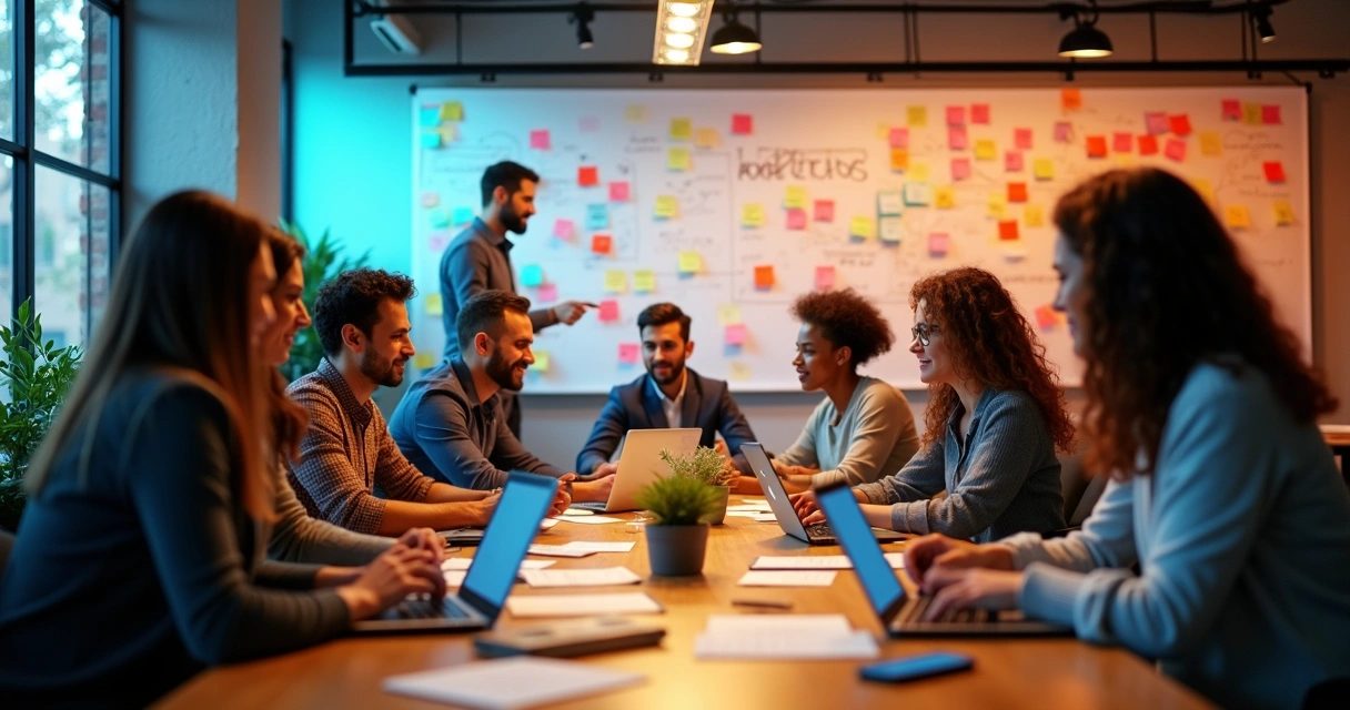 Equipe de agência digital captando leads em workshop 