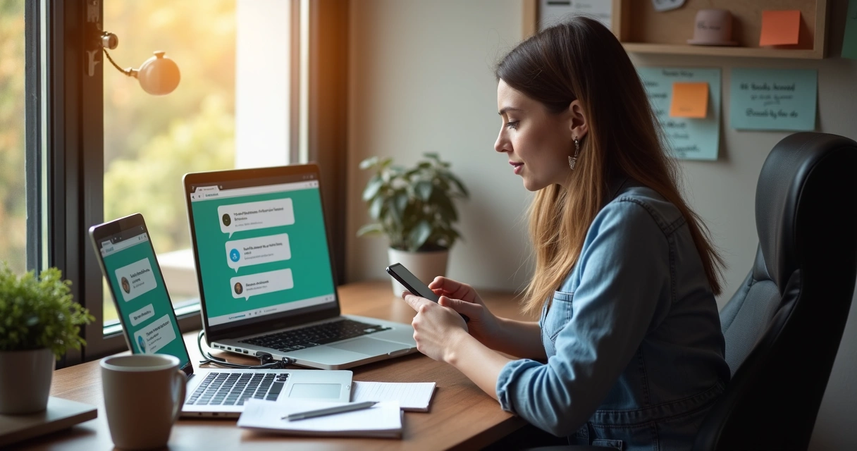 Profissional usando celular e notebook para captar leads BPO 