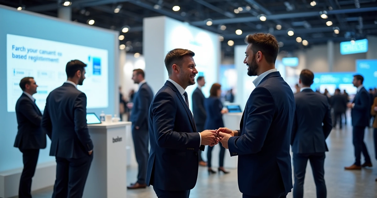 Equipe empresarial coletando leads em um evento corporativo 