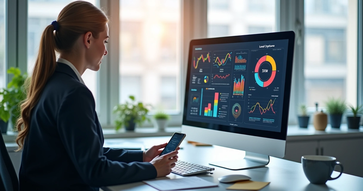 Profissional de marketing digital usando computador com gráficos e dados de leads para clínica estética 