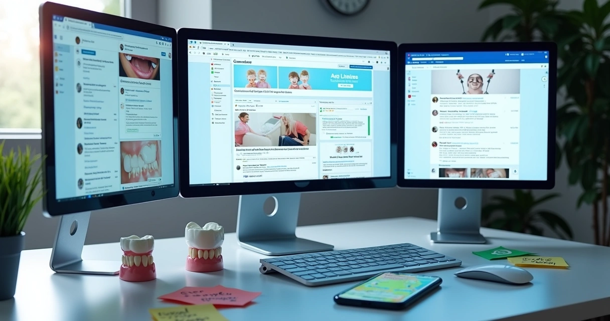 Tela de computador mostrando anúncios de Facebook, Instagram e Google para odontologia 