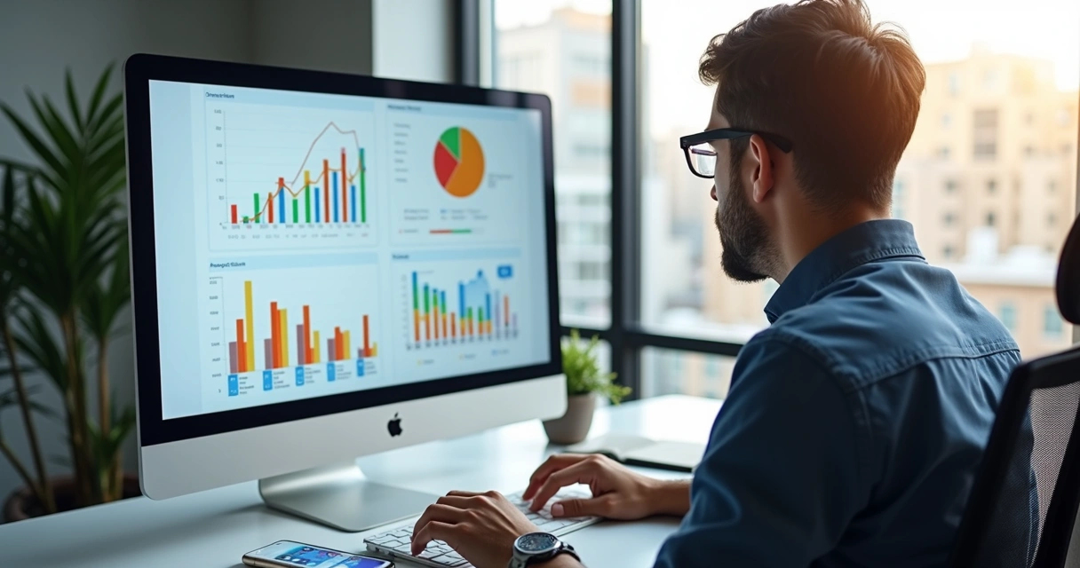 Profissional de marketing digital analisando gráficos de captação de leads em tela de computador em ambiente de escritório moderno 