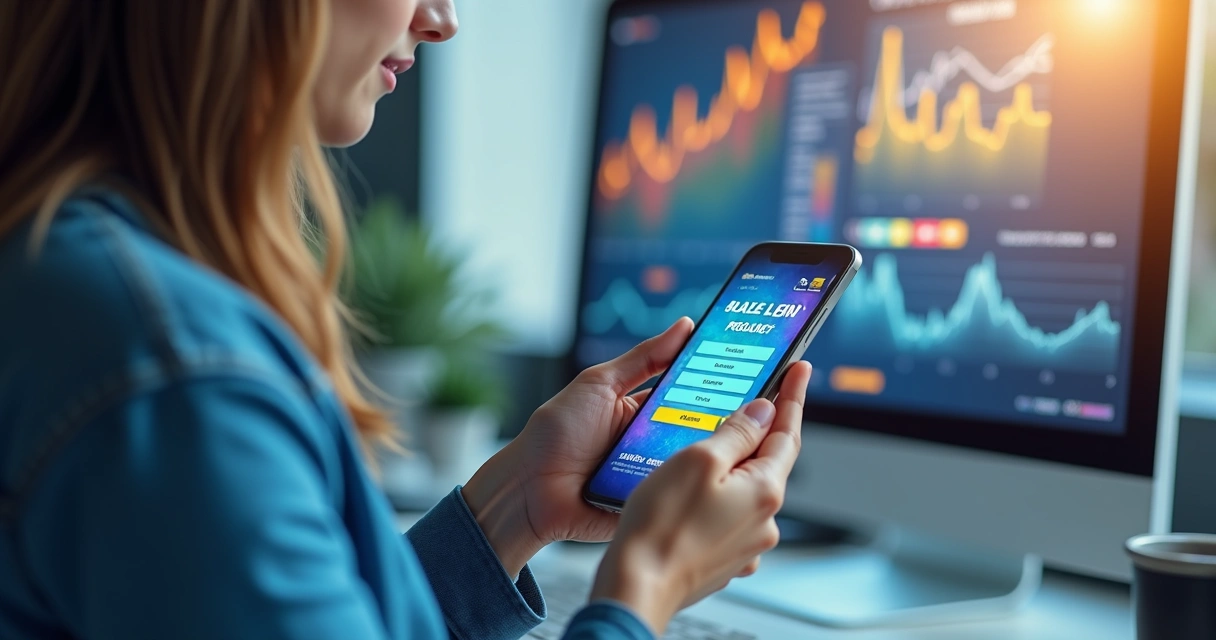 Pessoa usando smartphone participando de promoção online com gráficos de crescimento ao fundo 