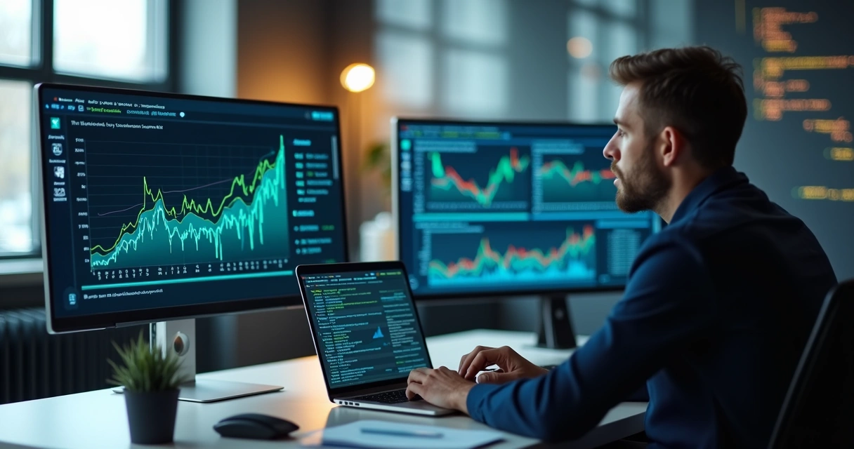 Profissional analisando gráficos de leads qualificados em SaaS em tela de computador com ambiente moderno e tecnologia digital 
