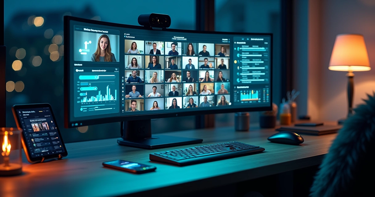 Tela de webinar com palestrante e participantes conectados por ícones de leads 