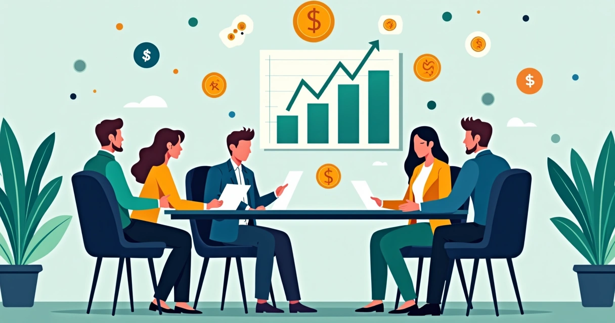 Ilustração corporativa plana mostrando pessoas em uma reunião estratégica com gráficos, moedas e documentos representando captação de recursos para PMEs 