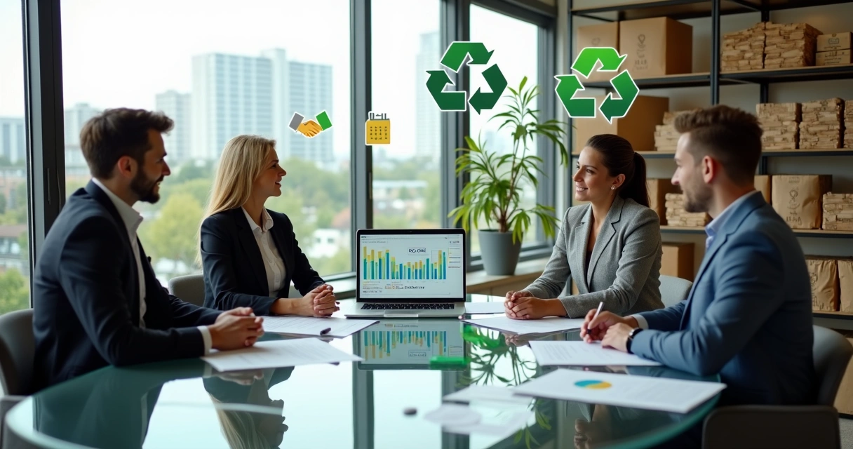 Mesa de reunião com executivos e representante de projeto de reciclagem analisando gráficos de captação de recursos 