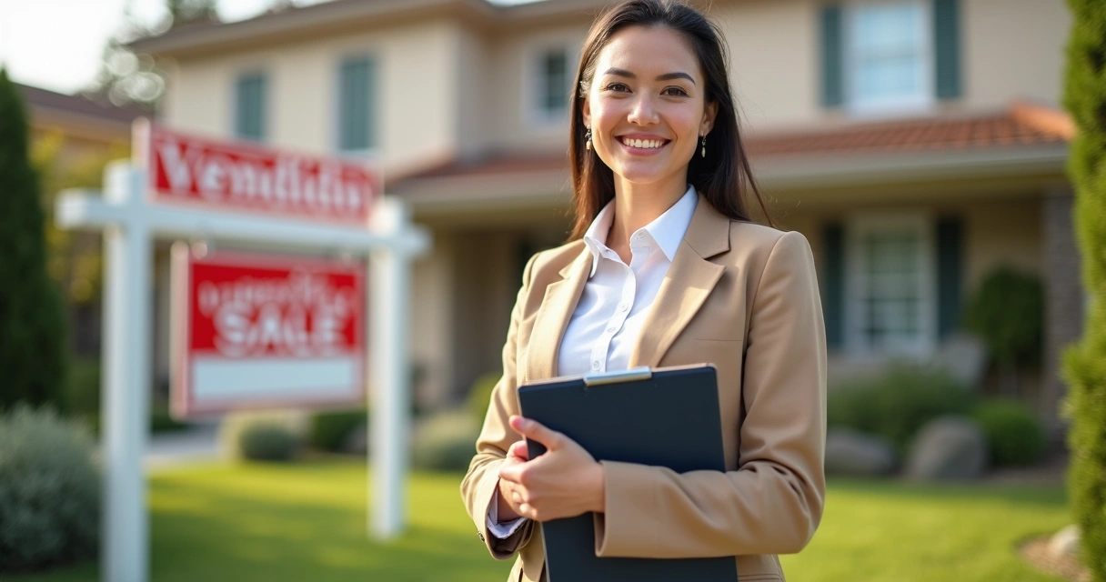 Corretor com casa vendida ao fundo em landing page de venda 