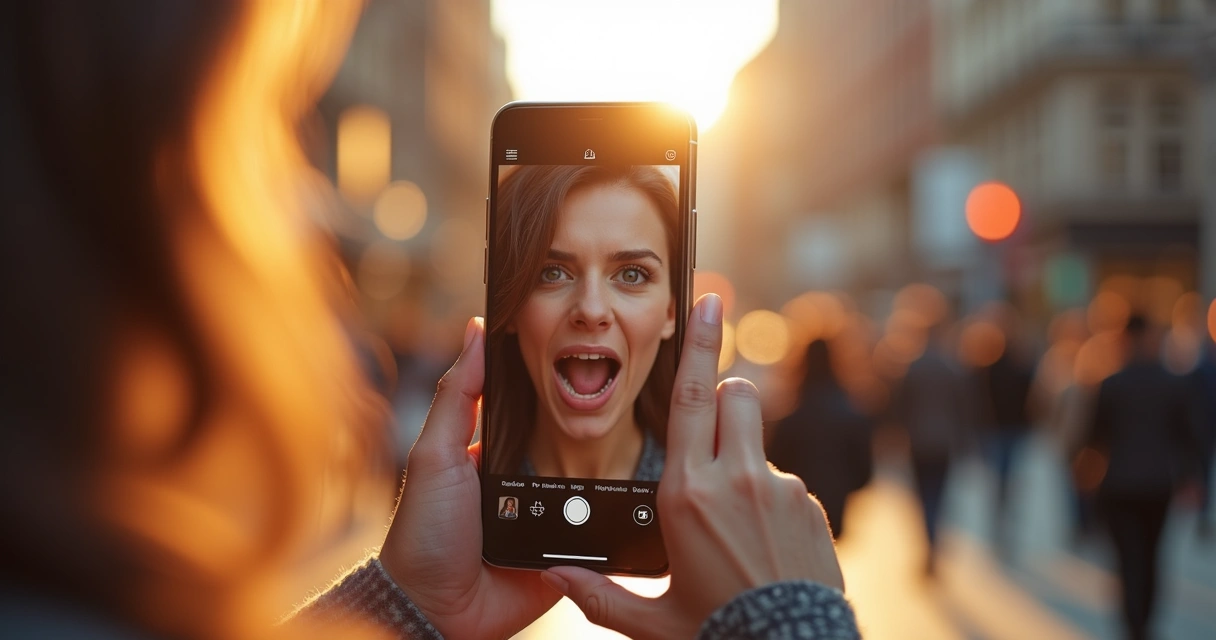 Pessoa segurando um smartphone gravando vídeo com expressão emocional intensa em ambiente urbano 