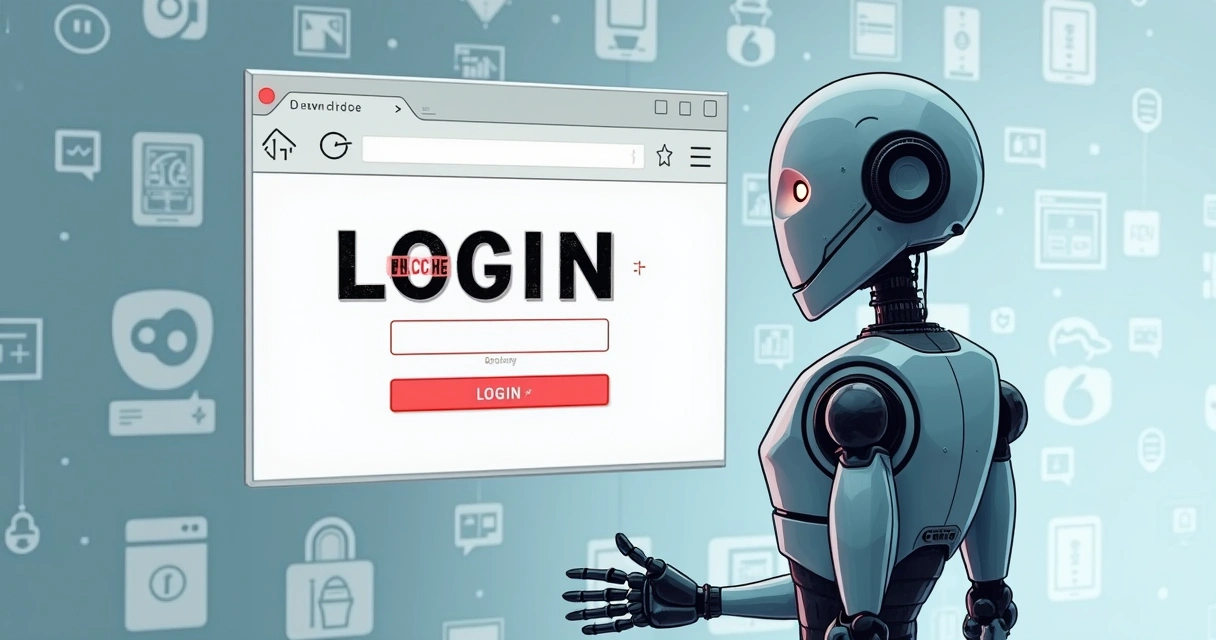 Desenho de captcha e robô parado diante de bloqueio 