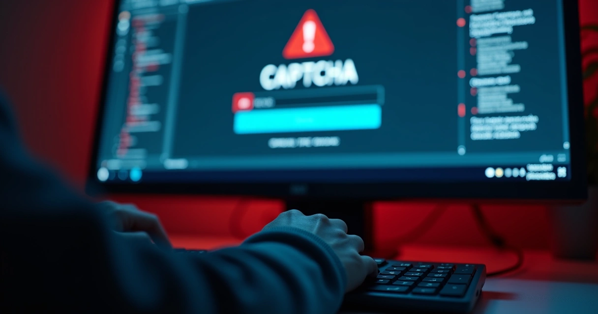 Homem inserindo dados em site falso de CAPTCHA com alerta de perigo na tela 