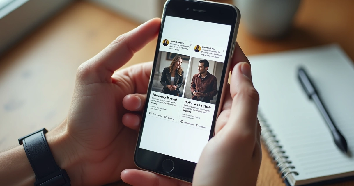 Person holding a smartphone with two similar posts side by side showing different captions