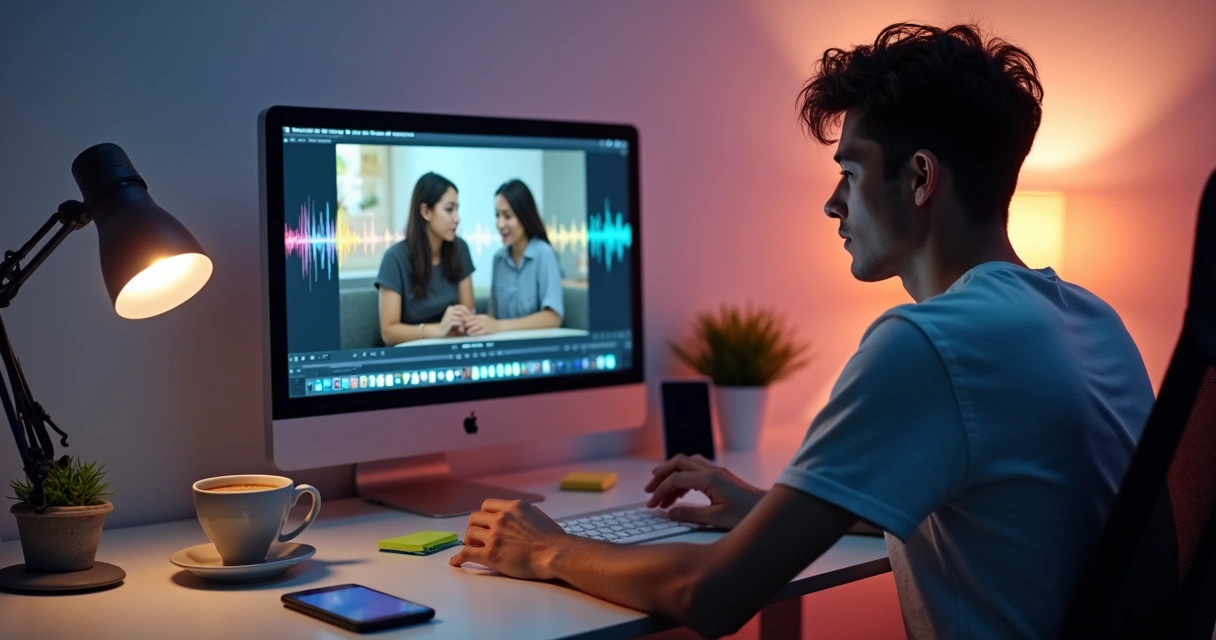 Person editing a short video with visible subtitles on computer 