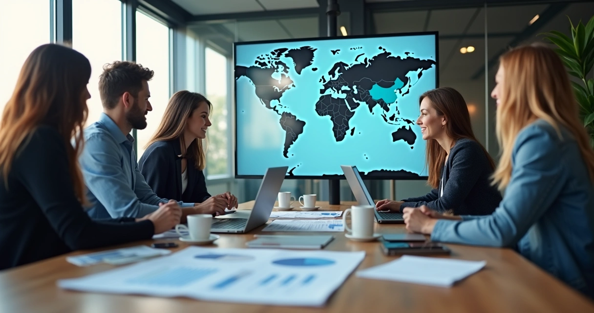 Equipe de vendas reunida analisando dados em uma tela 