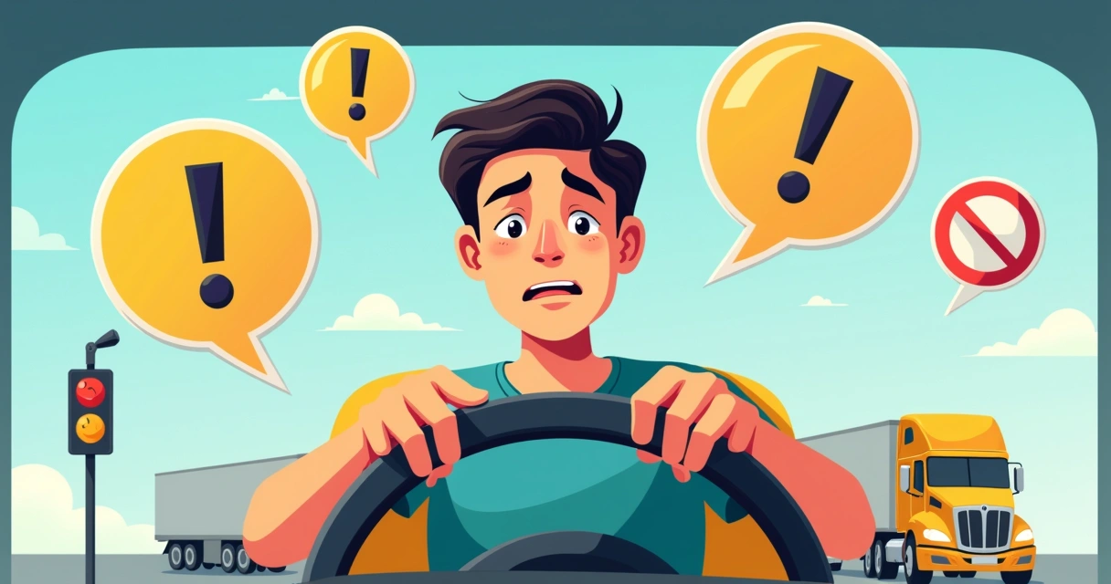 Ilustração de um motorista mostrando sua CNH, com pontos e alertas visíveis ao redor 