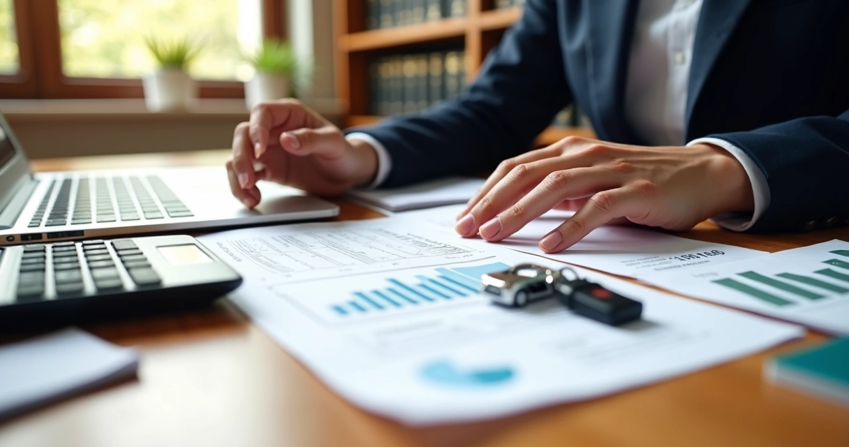Person reviewing car financing contract with calculator and car keys on table 