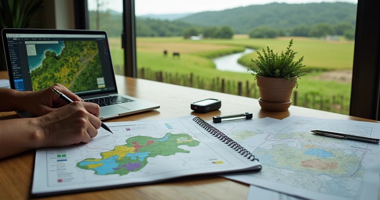 Mapa digital de propriedade rural com áreas verdes demarcadas em tela de notebook sobre mesa de trabalho 