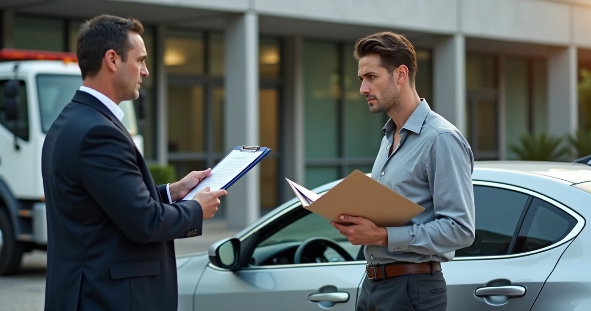 Lawyer showing car repossession documents to worried driver in front of parked vehicle 