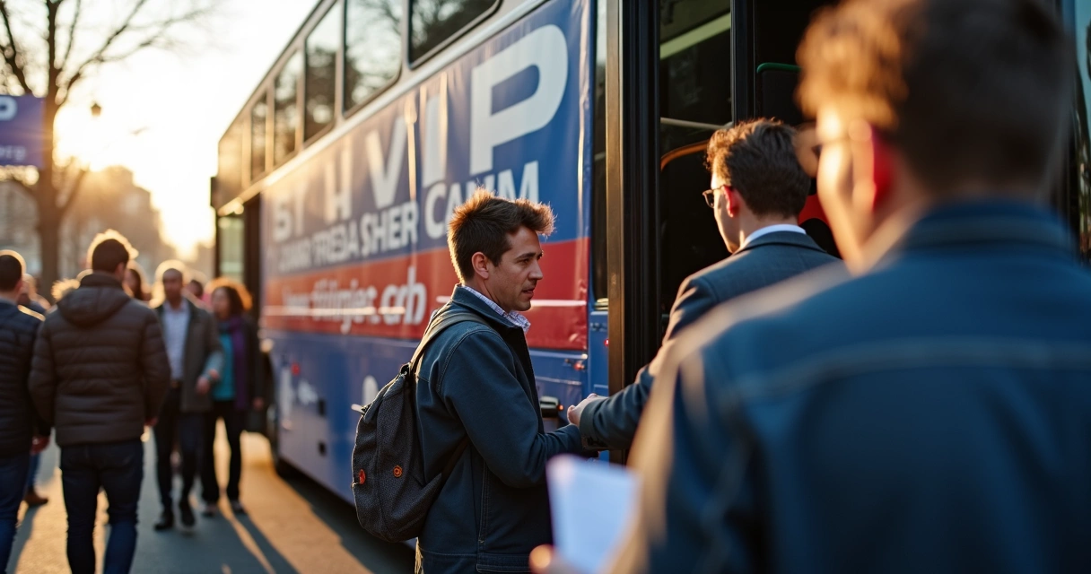 Ônibus de caravana política estacionado, pessoas organizando entrada 