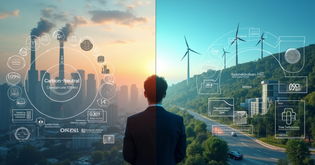 Comparação visual entre carbono neutro e net zero com cidade dividida em duas metades 
