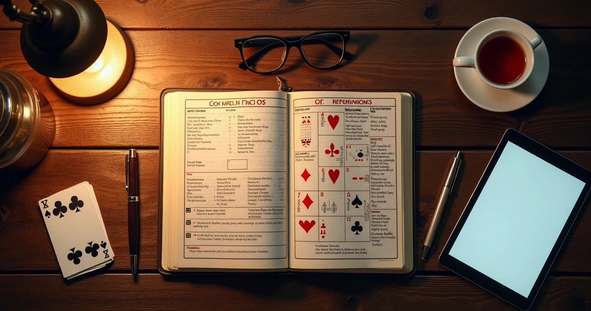Playing card consultation notes beside a spread on a wooden desk 